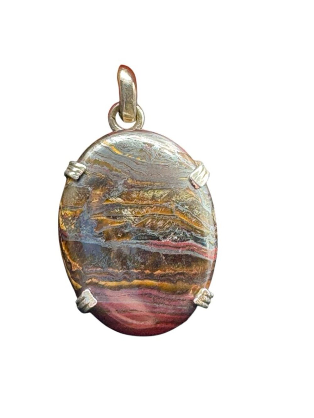 Tiger Iron Sterling Silver Pendant Polished Oval Gemstone Natural Layered Bands - Picture 3 of 16
